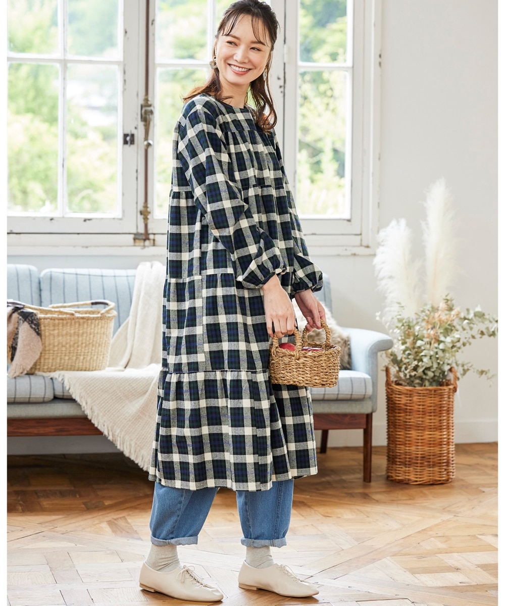 大きいサイズ 綿100％ティアードチェック柄ワンピース（OtonaSMILE