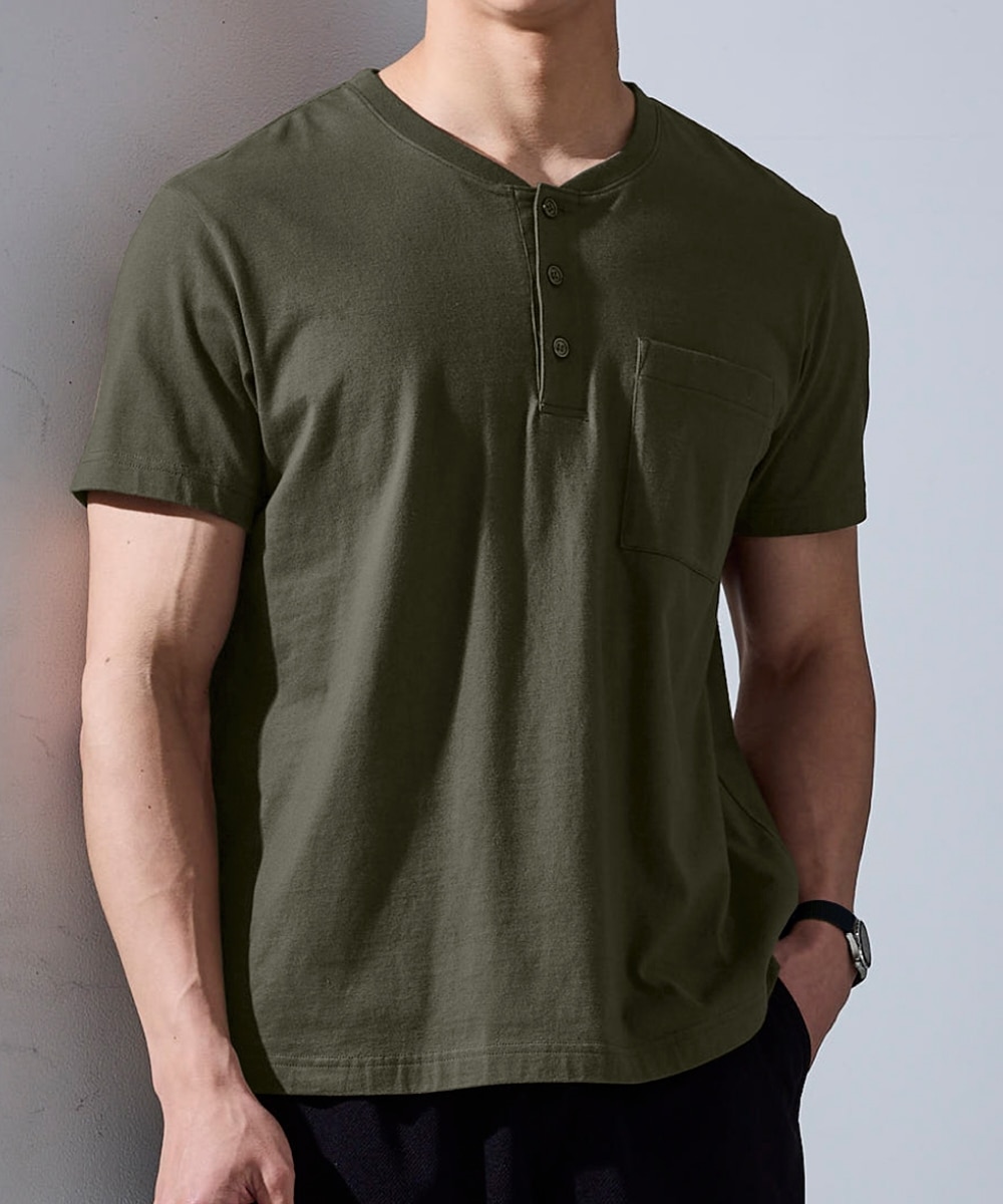 綿100％ポケット付ヘンリーネック半袖Tシャツ【大きいサイズ有