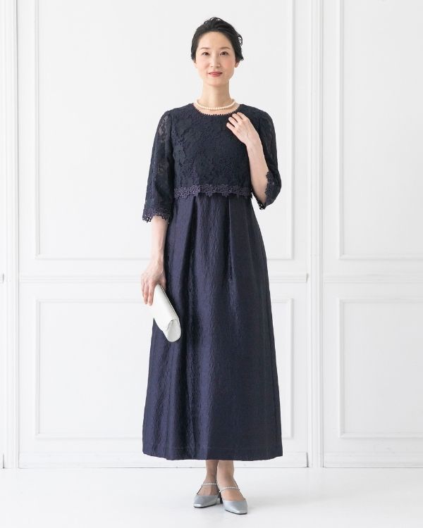 ネイビー 11号】レース×ジャカード お袖付き セミフレアロングドレス