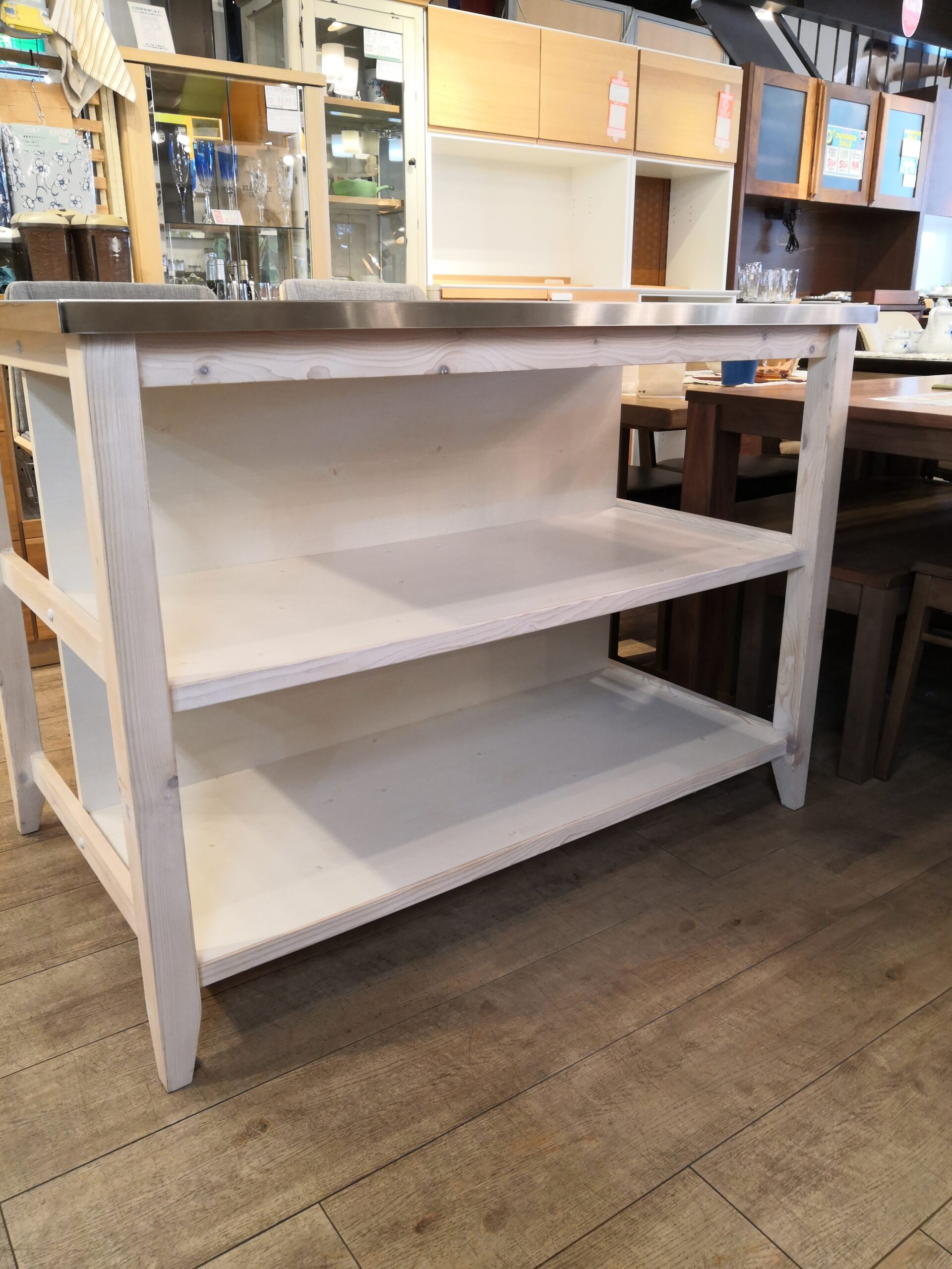 中古】ニトリ NITORI シナモ パイン ステンレス 作業台 回転式 昇降