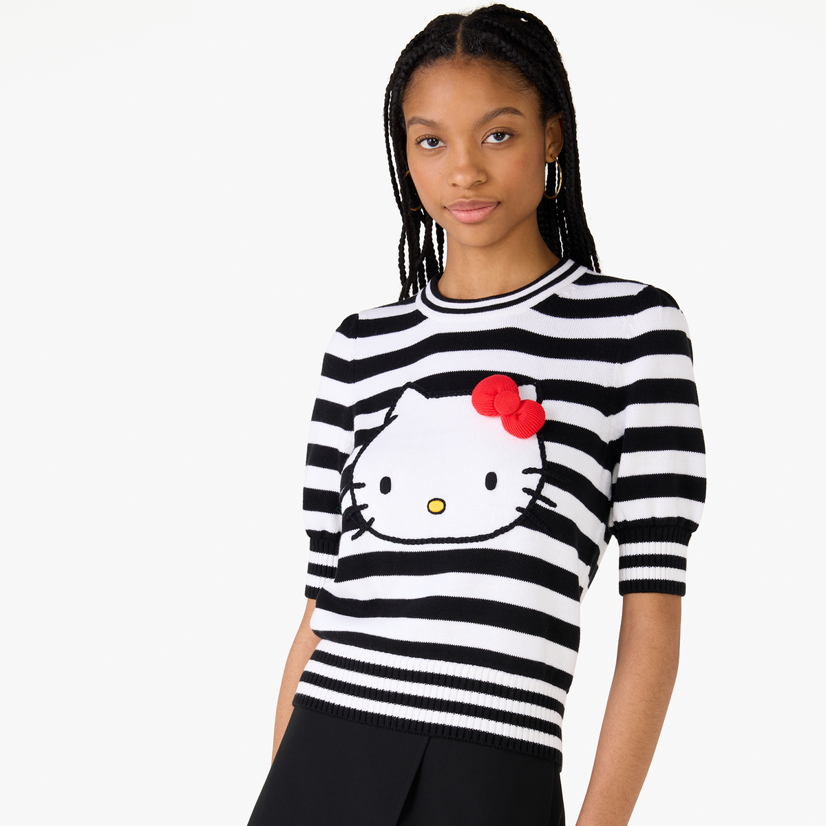Hello Kitty x Kate Spade New York Striped Puff Sleeve Intarsia Sweater