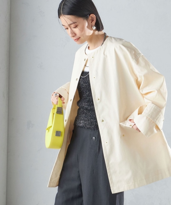 撥水加工/手洗い可能〉綿 ナイロン ギャバ ノーカラー ミディ コート