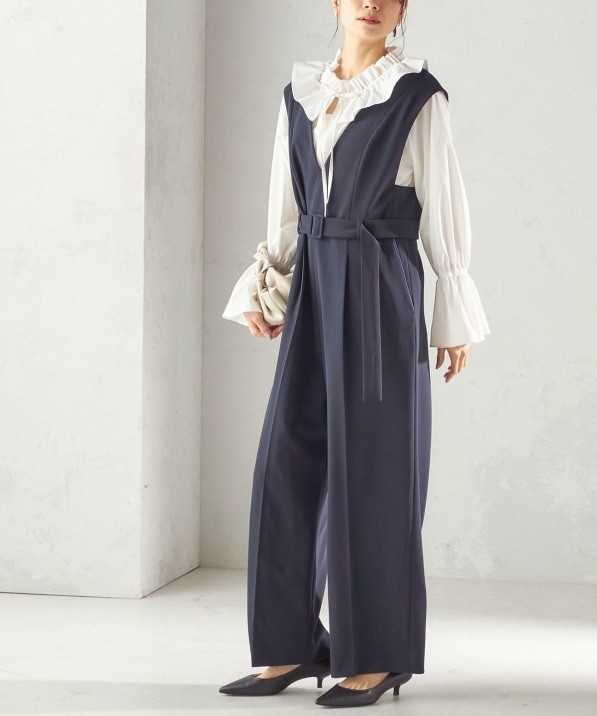 手洗い可能〉ダブル クロス Vネック ベルト付 オールインワン