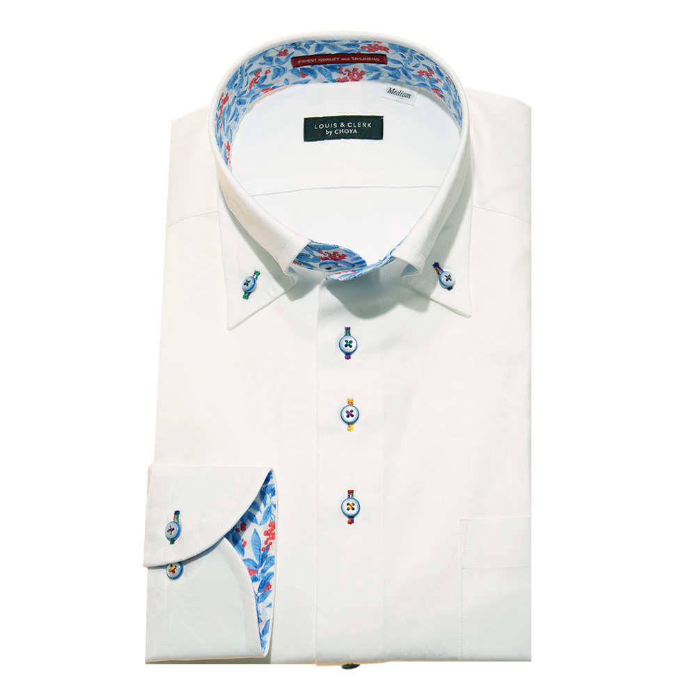 ワイシャツ 花柄 草木、ボタニカル ホワイト ジャカード LOUIS & CLERK