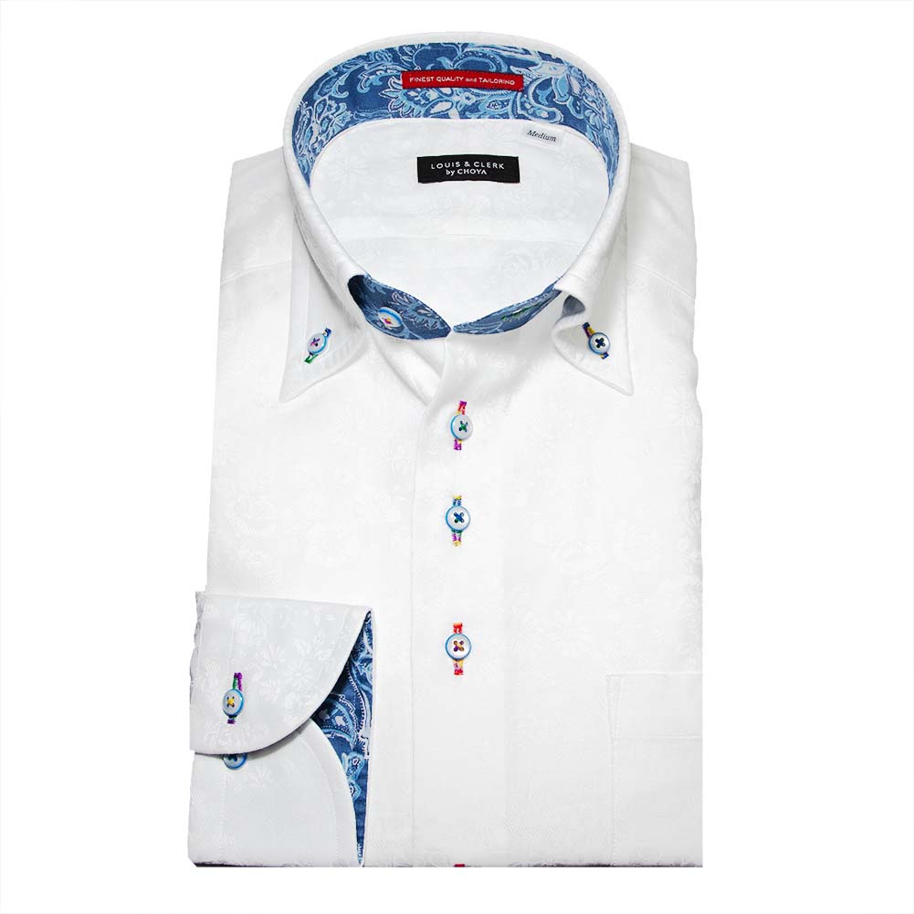 ワイシャツ 花柄 草木、ボタニカル ホワイト ジャカード ドビー LOUIS