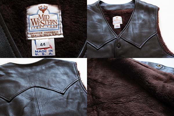 USA製 Mid Western ボアライナー ディアスキン レザーベスト 焦げ茶 44