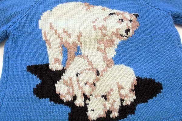 80s シロクマ柄 ハンドニット ウール カウチンセーター 青 - Sixpacjoe