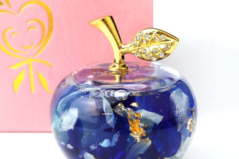 置物 ハーバリウム ミニリンゴ 青 ブルー ラリマー さざれ石入り 不安