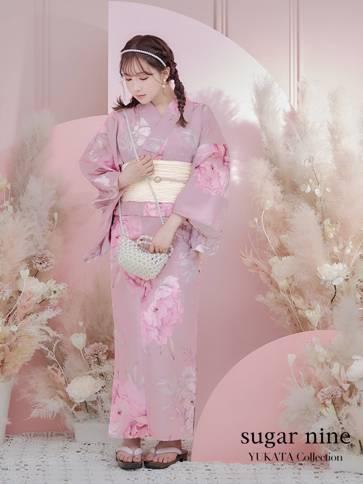 即日発送】【浴衣】大人スウィート/ピンク地に大柄牡丹浴衣 【浴衣3点