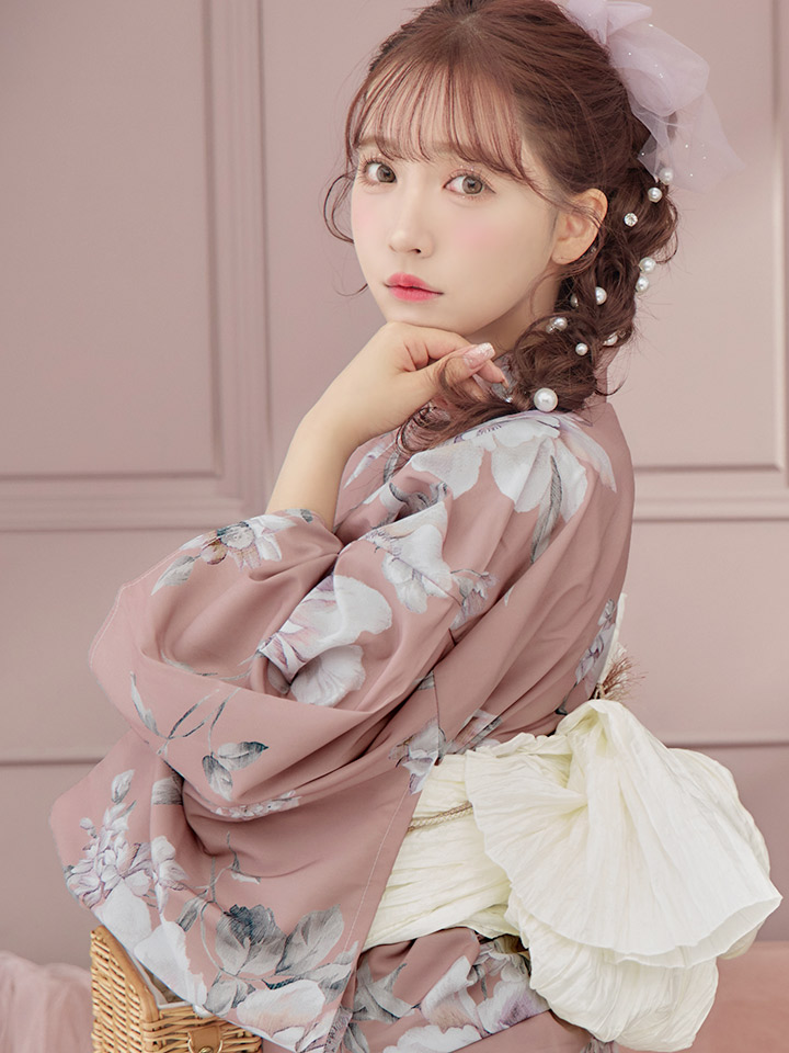 即日発送】大人スウィート/くすみピンク椿浴衣【浴衣3点セット 浴衣