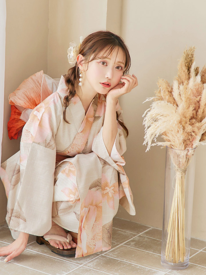 即日発送！】ピンクベージュ牡丹浴衣【浴衣3点セット 浴衣/帯/下駄