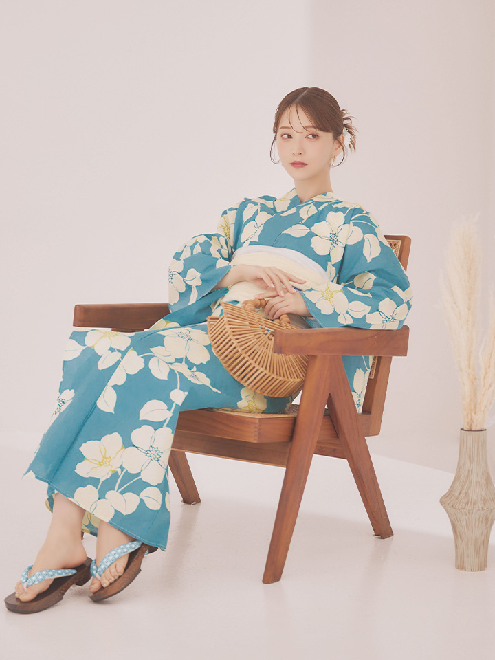 即日発送】浅葱色花柄浴衣【浴衣3点セット 浴衣/帯/下駄】[OF04