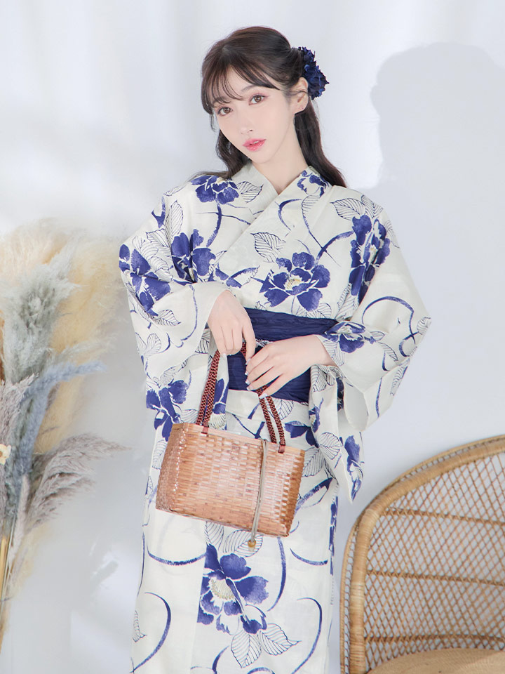 即日発送】水彩椿の綺麗系浴衣【浴衣3点セット 浴衣/帯/下駄】[OF04