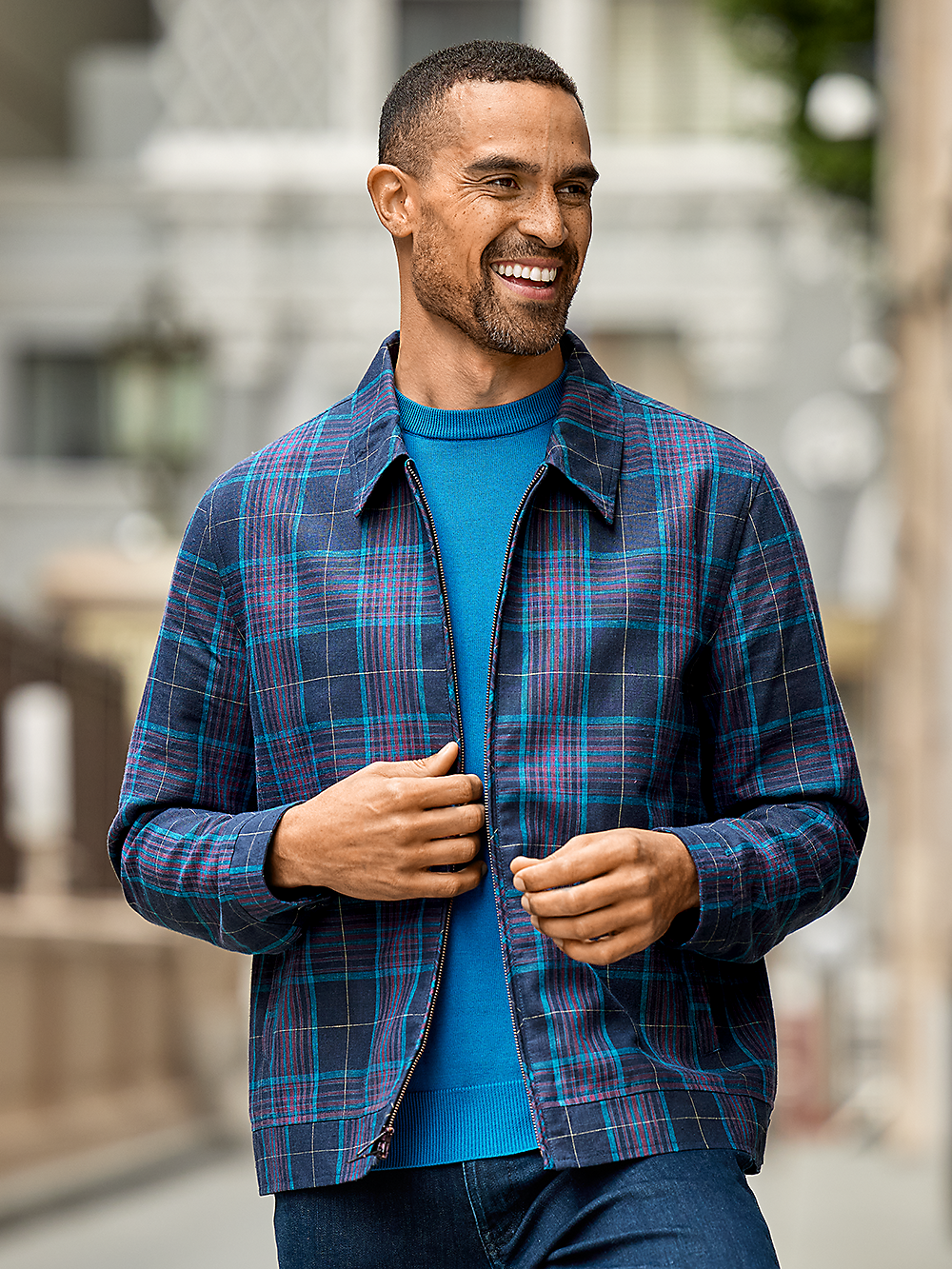 Linen Blend Plaid Bomber Jacket - Navy Multi – Paul Fredrick