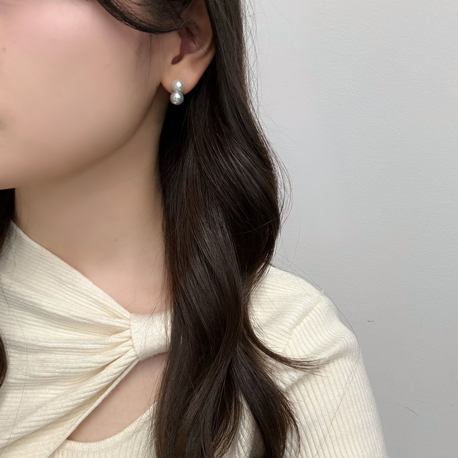 真珠 ツインパールピアス 8-9mm ナチュラルグレー 無調色 K14WG