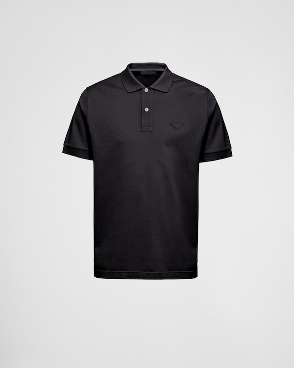 Black/black Stretch Cotton Polo Shirt With Re-nylon Details | PRADA