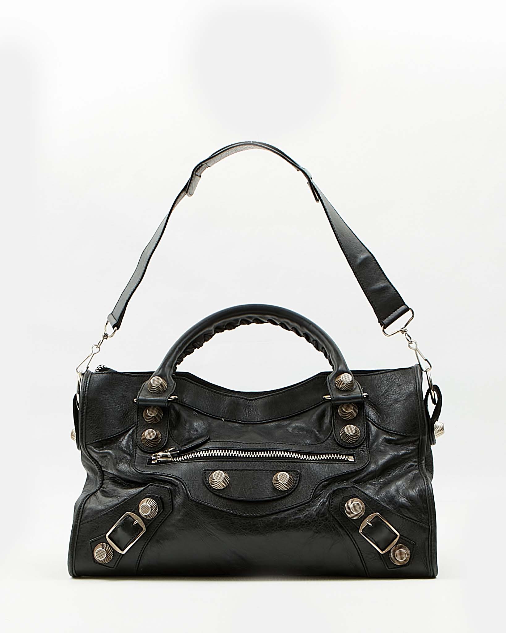 Explore a Balenciaga Black Crinkle Leather City Giant 21 Motocross