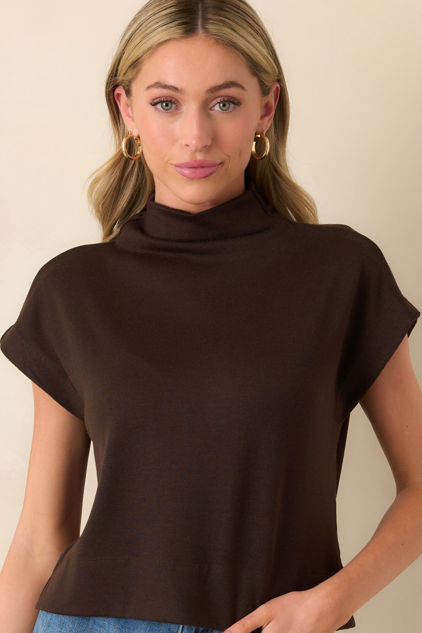 Chocolate Brown Mock Neck Top - Short Sleeve Tops | Red Dress