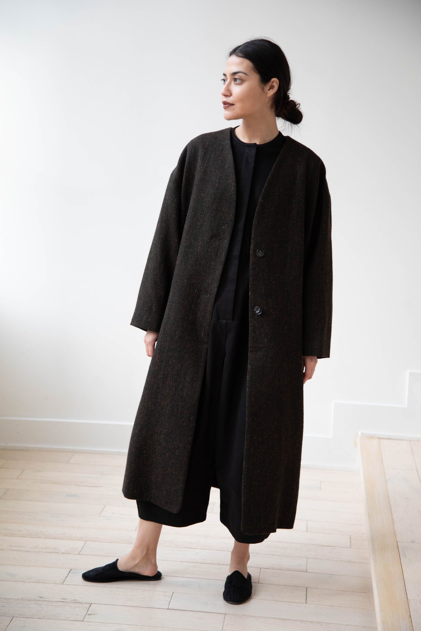 rennes — Arts & Science Tweed V-Neck Long Coat in Moss