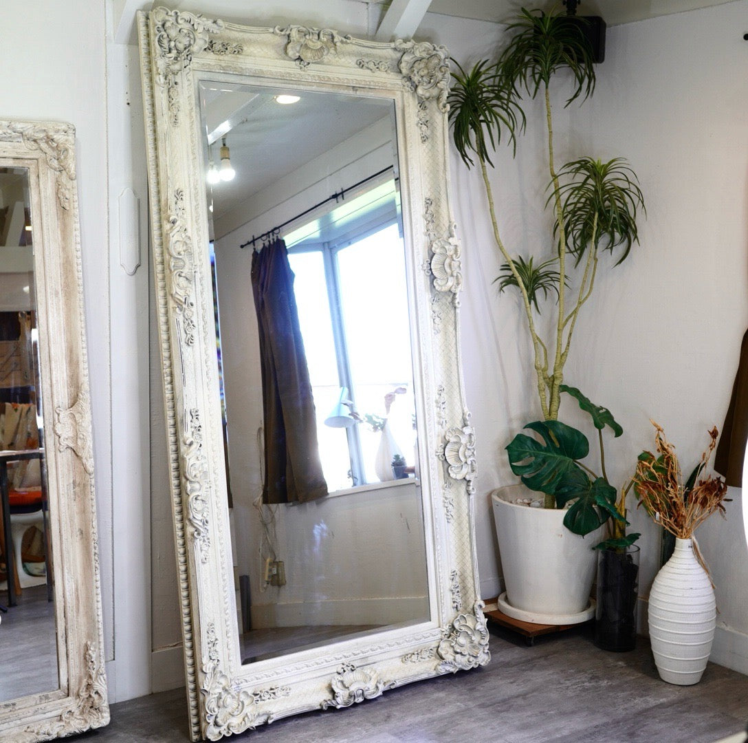アンティーク調 全身鏡 ミラー 姿見 ホワイト シャビー 【大】 中古