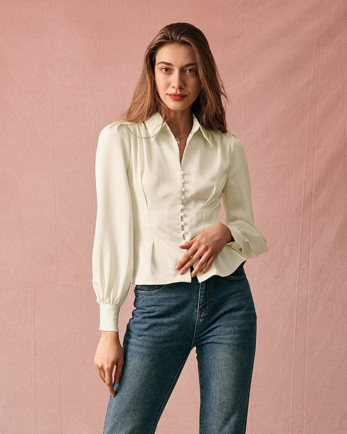 The Solid Collared Puff Sleeve Satin Blouse - Satin Puff Long