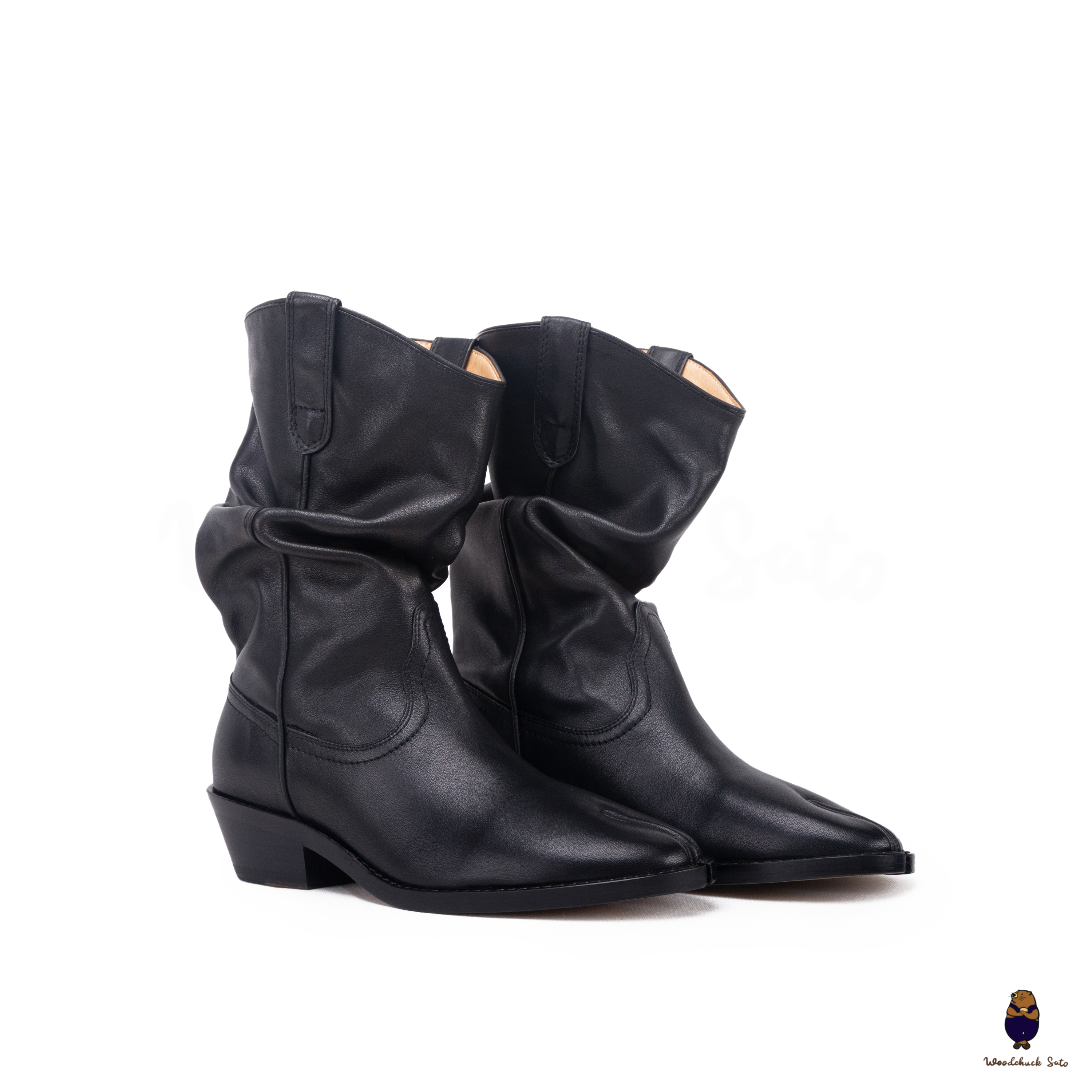 WoodchuckSato Black Cow Leather Tabi Western Boots with Low Heel