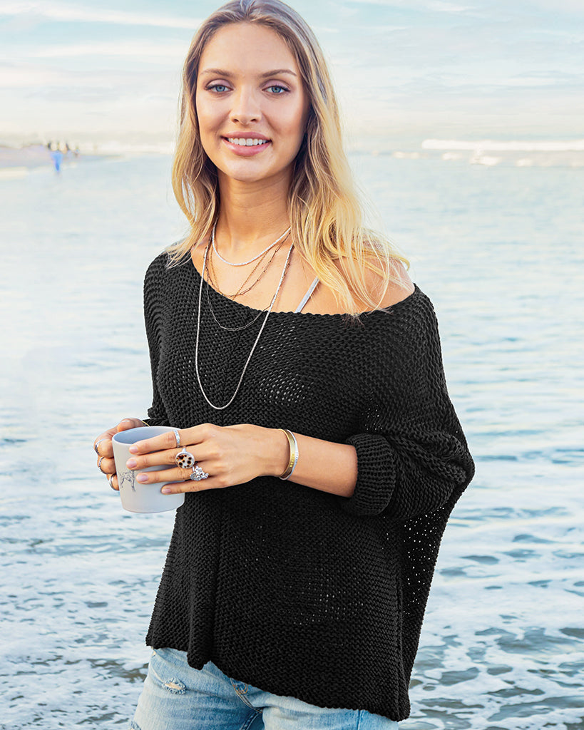 Key West Chunky Crew Cotton Sweater - Black | Wooden Ships