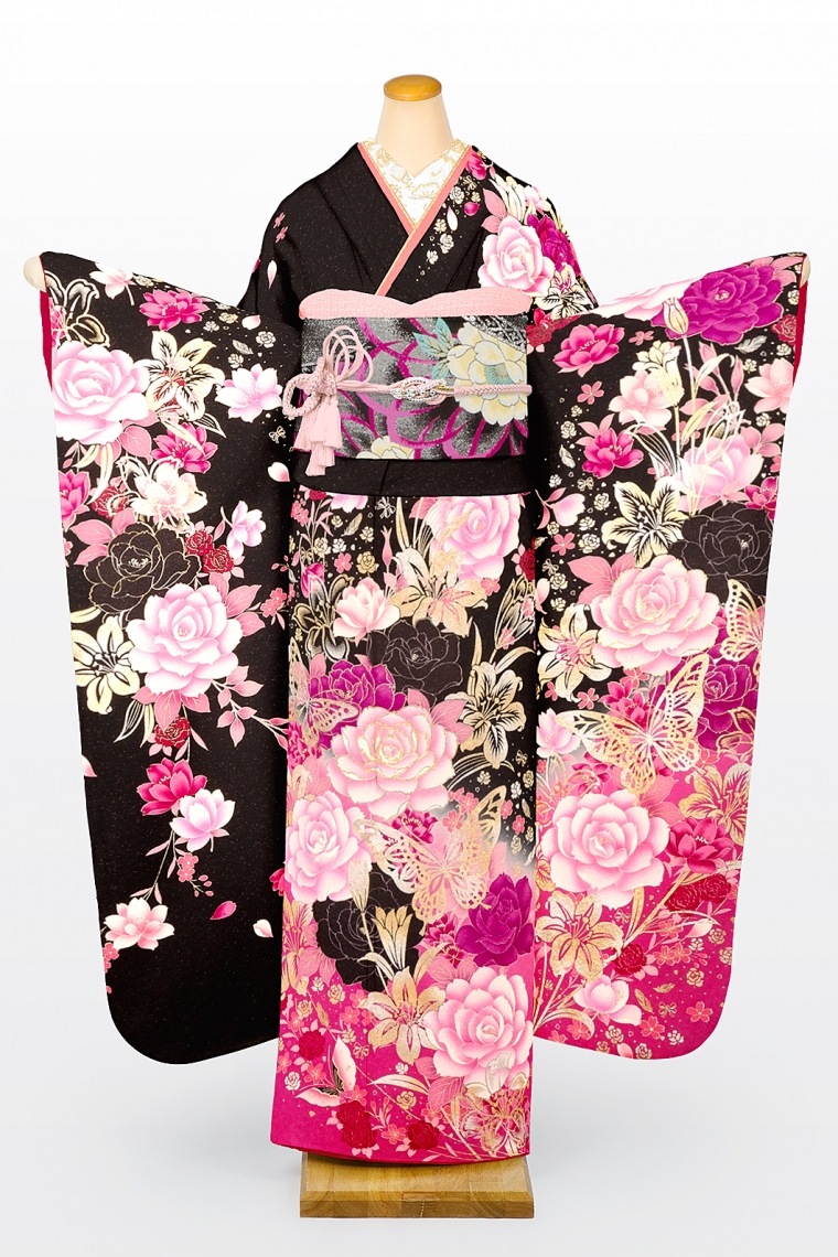 振袖レンタル 振袖Lサイズ 蝶々に薔薇 黒/ピンク｜着物レンタル 安心