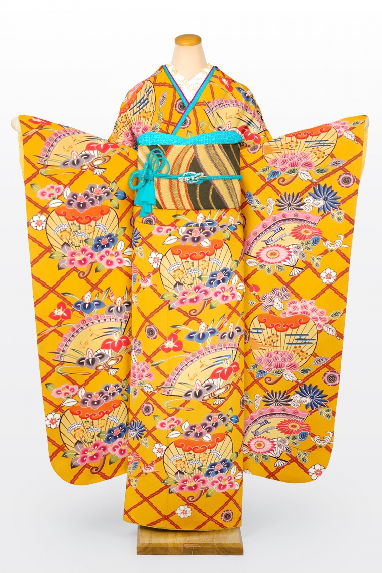 振袖レンタル 振袖Lサイズ 琉球紅型：城間栄順 羽団扇 山吹色｜着物