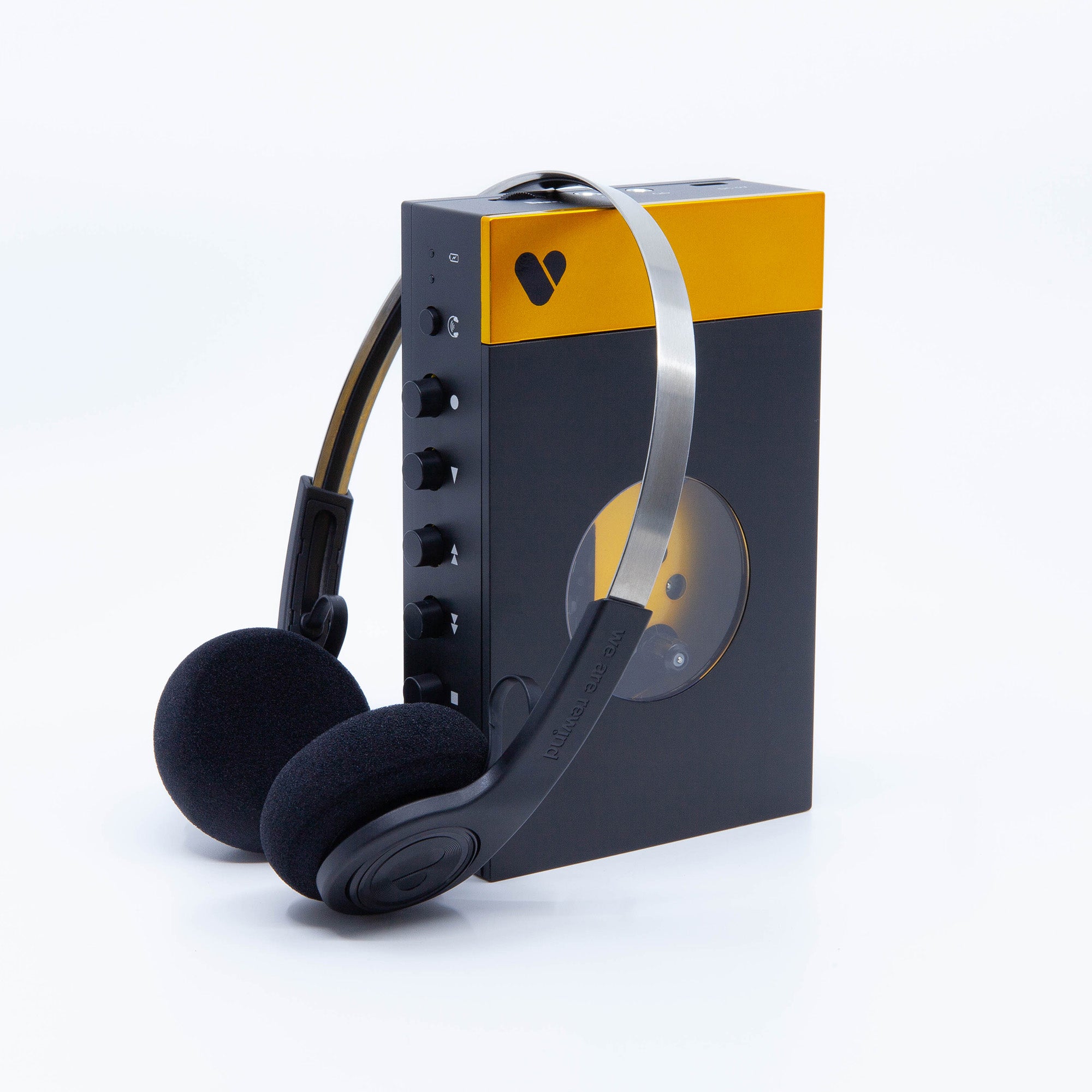黒いと黄色のカセット プレーヤー + ワイヤレス ヘッドフォン