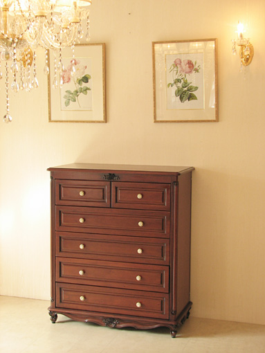 チェスト W90cm 5段 引出し6杯 スクエアタイプ 薔薇の彫刻 マホガニー