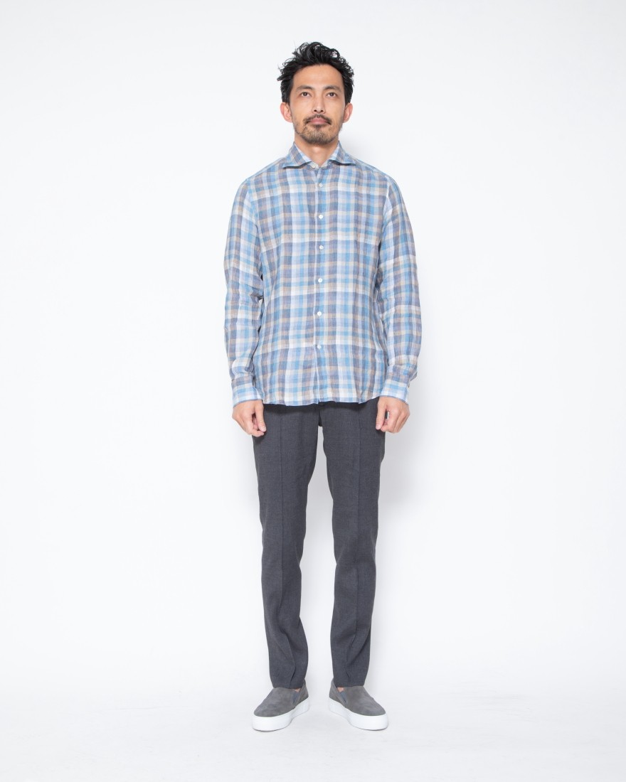リネンチェック カッタウェイシャツ【SIMONE/J/BALI】｜Finamore