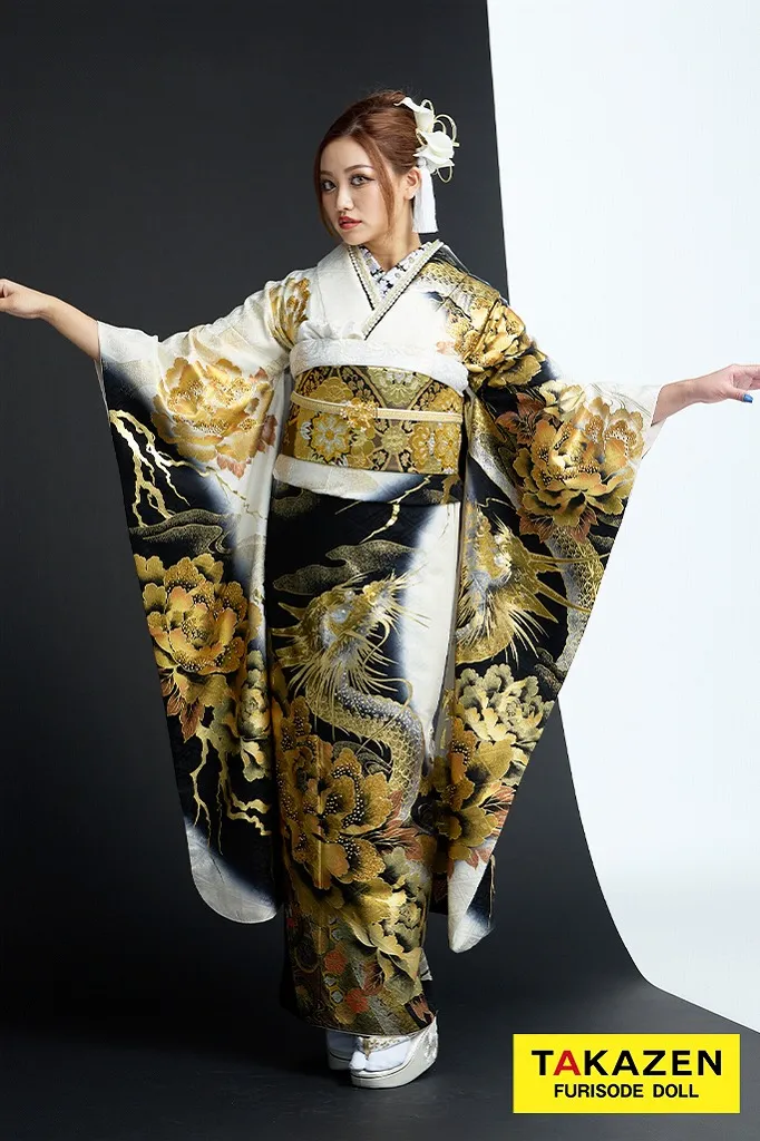 ジャパンモード 白/黒/ゴールド(金色) 本物龍柄 一番目立つ 渋い振袖