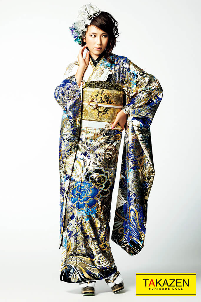 モード 白/青/金 薔薇柄 派手 かっこいい振袖 ギャル クール系(門