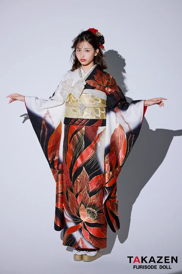 モード 赤/黒/白 大柄/牡丹柄 目立つ グラマラス ギャル振袖 派手