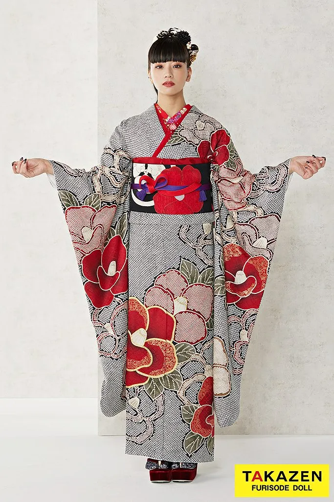 ヴィンテージスタイル 黒/赤 絞り風/椿柄 モダン 大人っぽい振袖