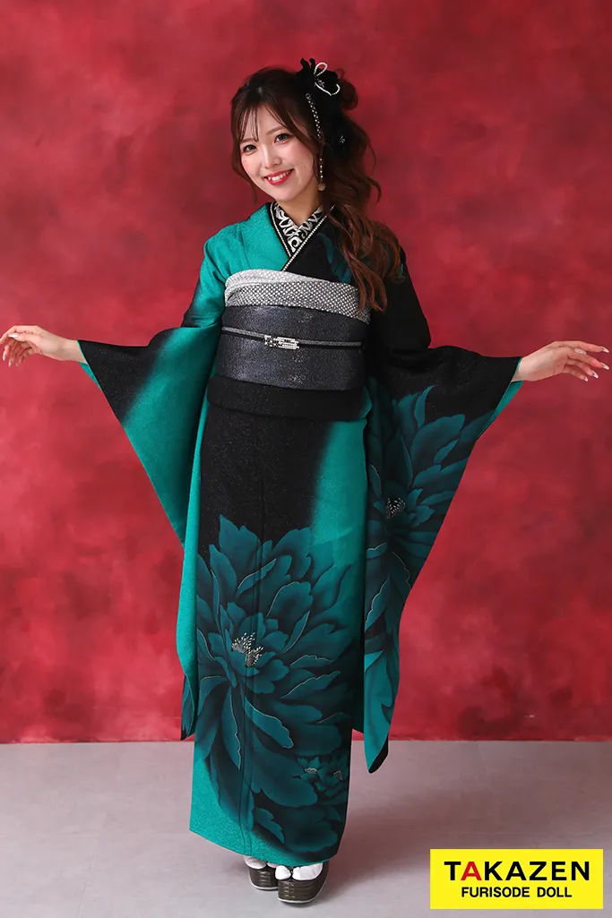 格安クール系 黒/エメラルドグリーン 牡丹柄 大柄 シンプル かっこいい