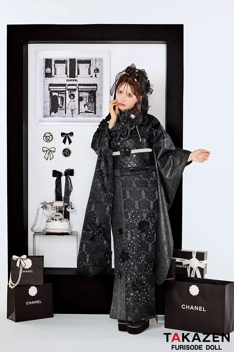 最新作ヘップバーンシュシュ 黒/オールブラックコーデ お花付き
