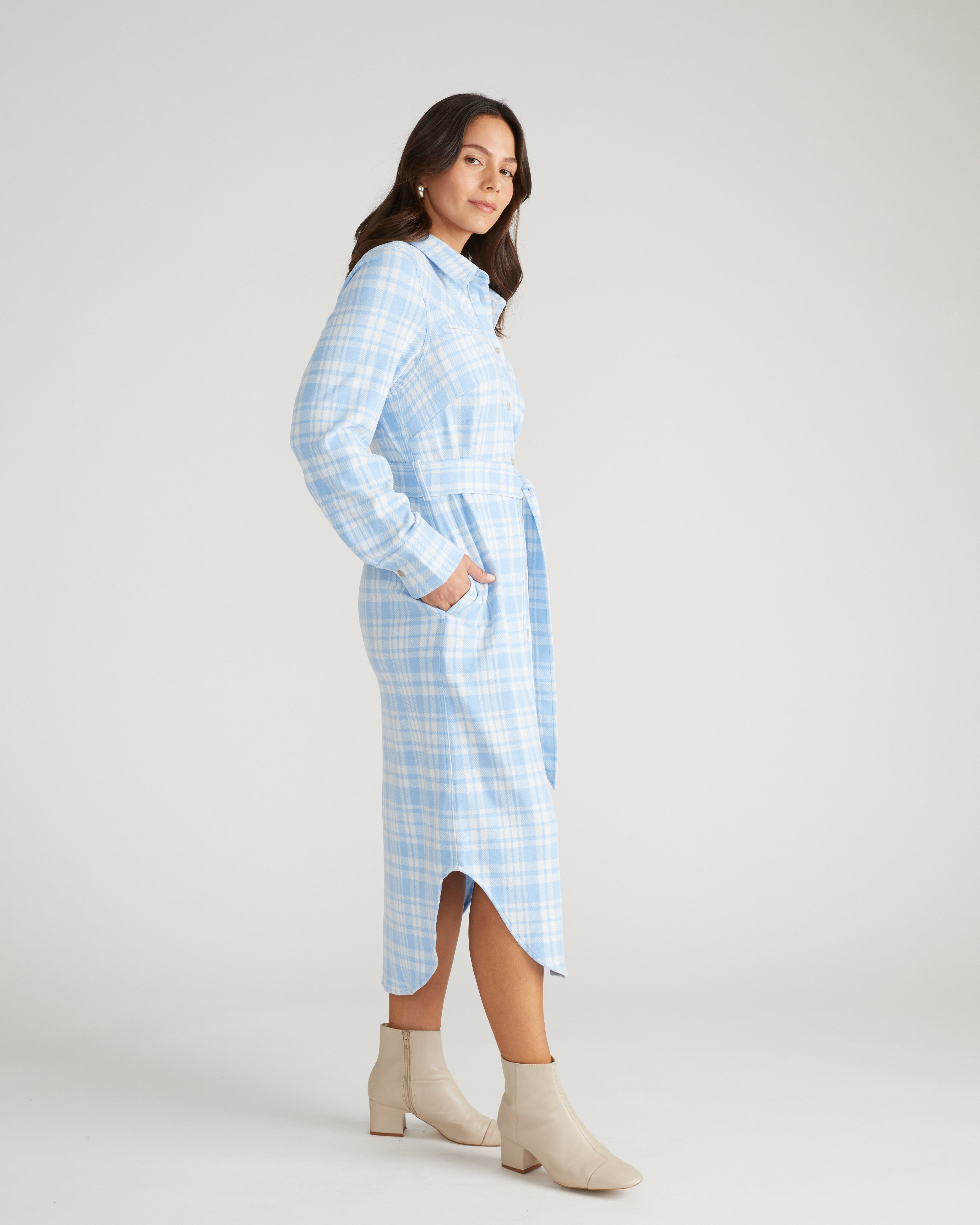 Morgan Belted Stretch Flannel Shirtdress - Teapot Whistle Blue