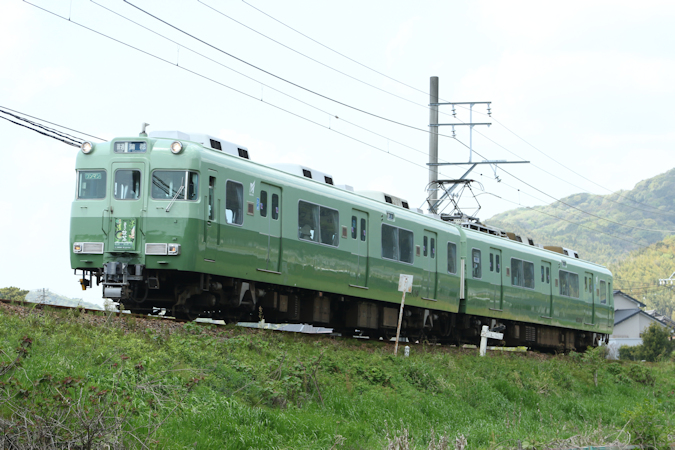 名鉄6000系6009編成（いもむしカラー）に「西尾の抹茶」PR系統版を掲出