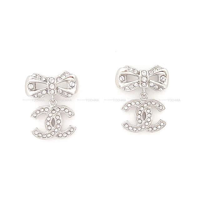 CHANEL シャネル リボン ココマーク ぶらさがり ピアス シルバーX