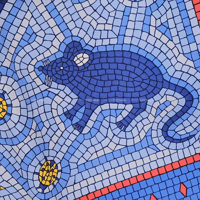 HERMES エルメス スカーフ カレ90 猫に注意 赤/マリン/ゴールド シルク