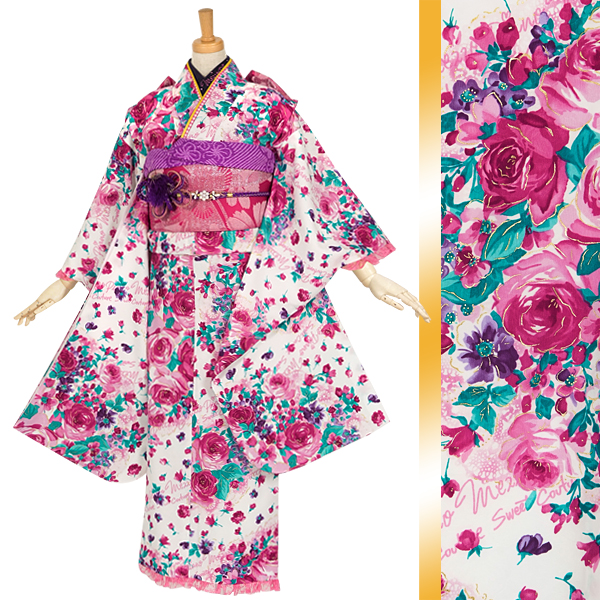 小・中学生振袖：A058 メゾピアノ 白 ローズガーデン│ 振袖レンタル