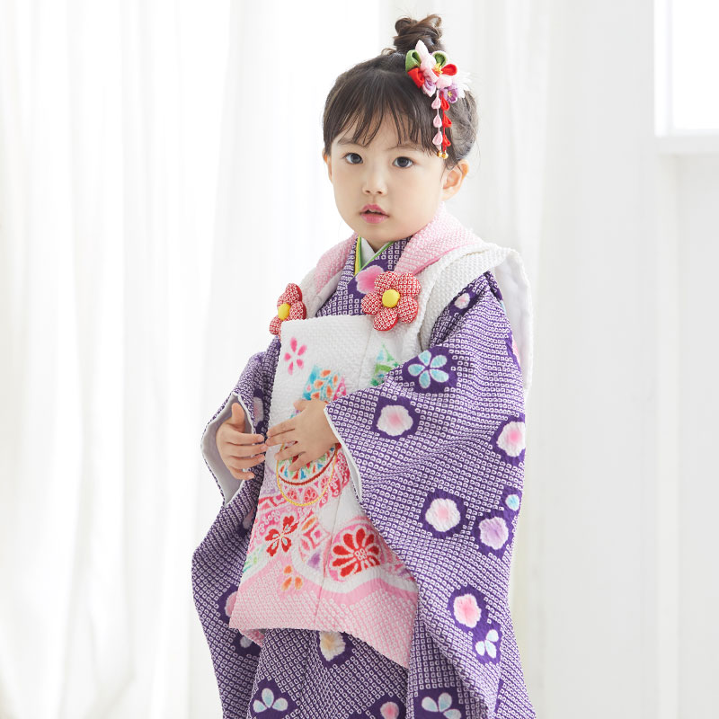七五三被布 : K116 【三歳女児被布】総絞り 紫×白 手毬に熨斗と梅