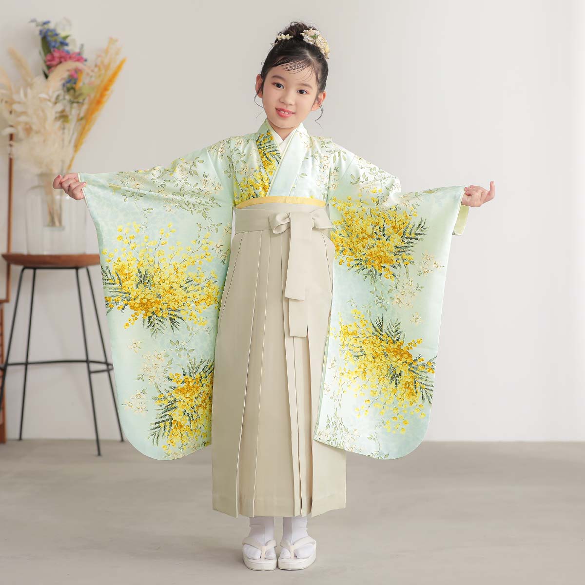 四つ身＋袴レンタル：N166 SUGAR KEI 水色 ミモザ│ 袴レンタル