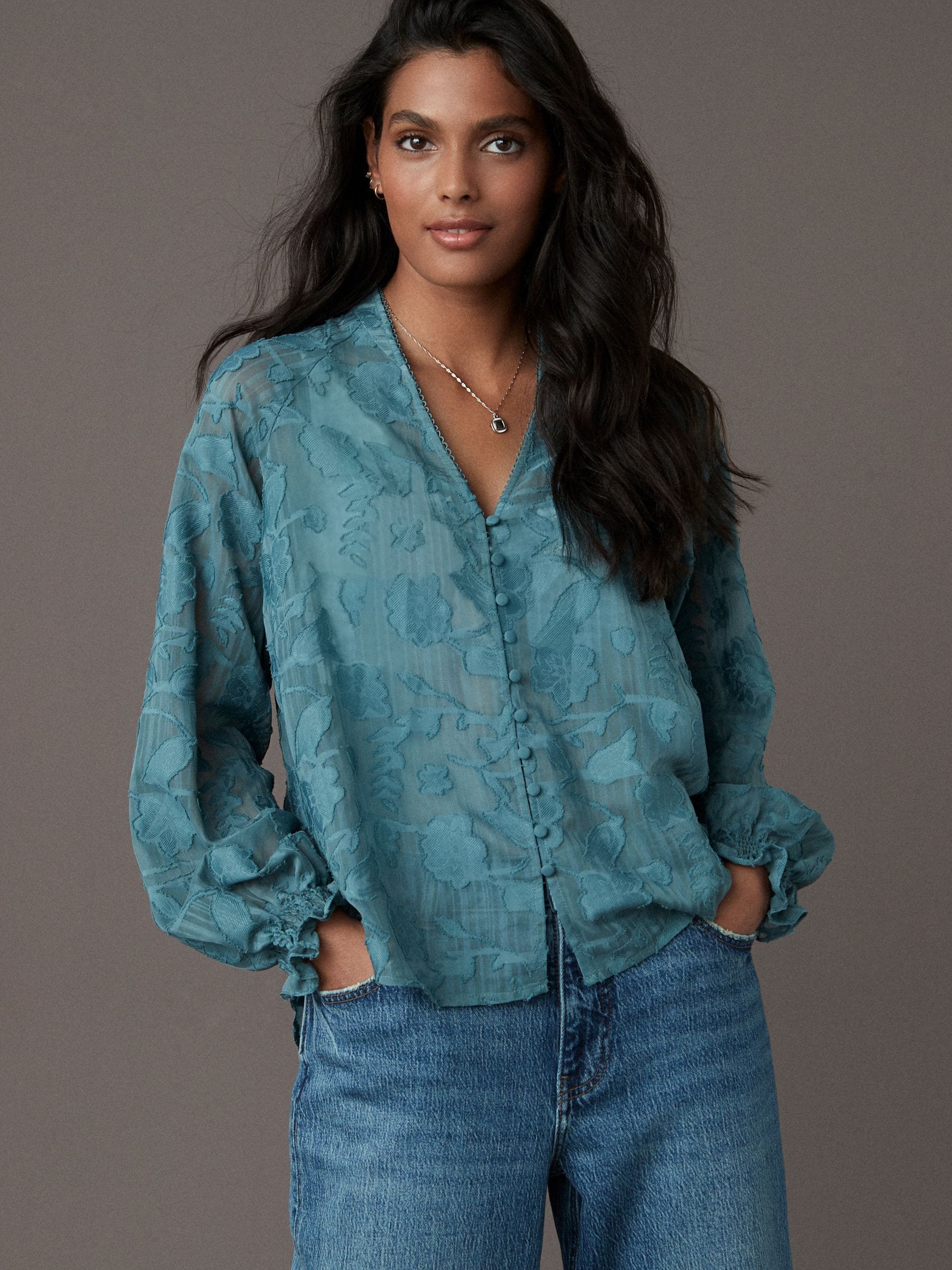 Buy Teal Blue Jacquard Boho Long Sleeve Tie Neck Blouse from Next