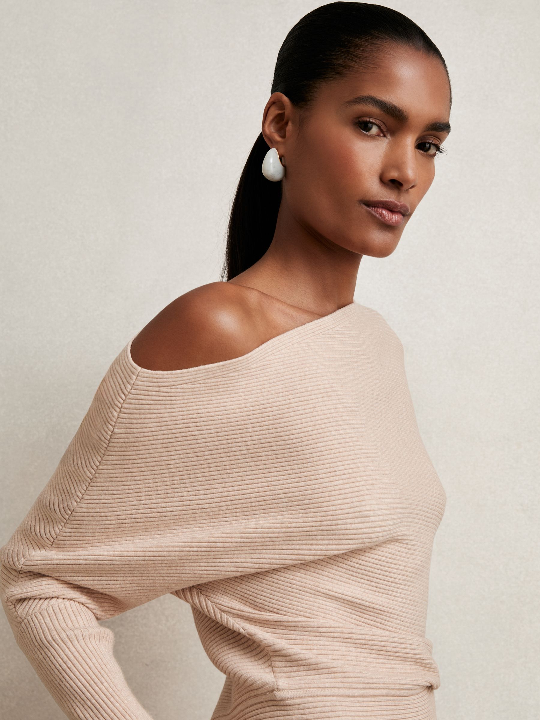 Buy Reiss Oatmeal Neutral Lorna Asymmetric Drape Knitted Top from