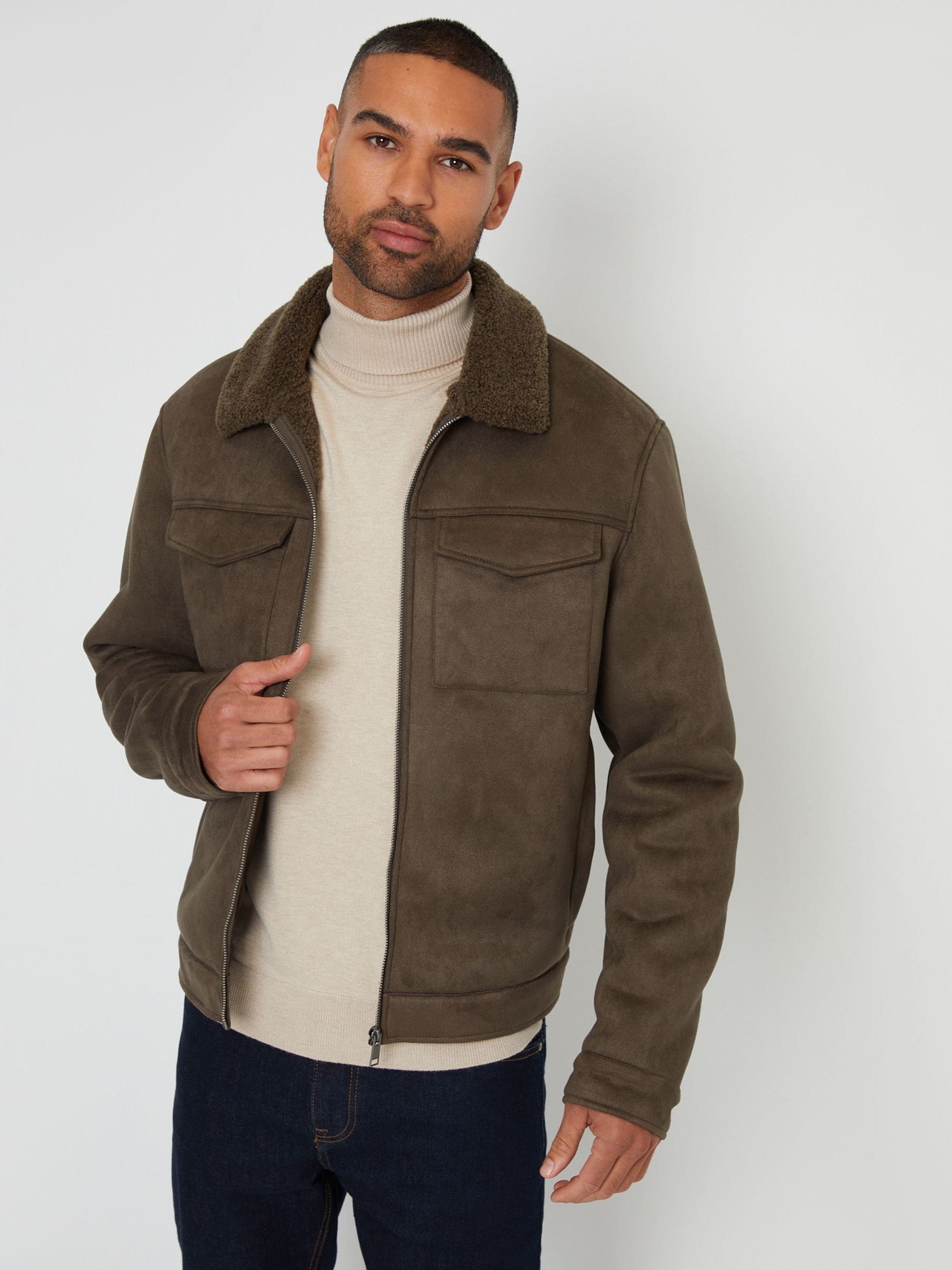 Buy Threadbare Khaki Faux Suede Borg Lined Aviator Jacket from the