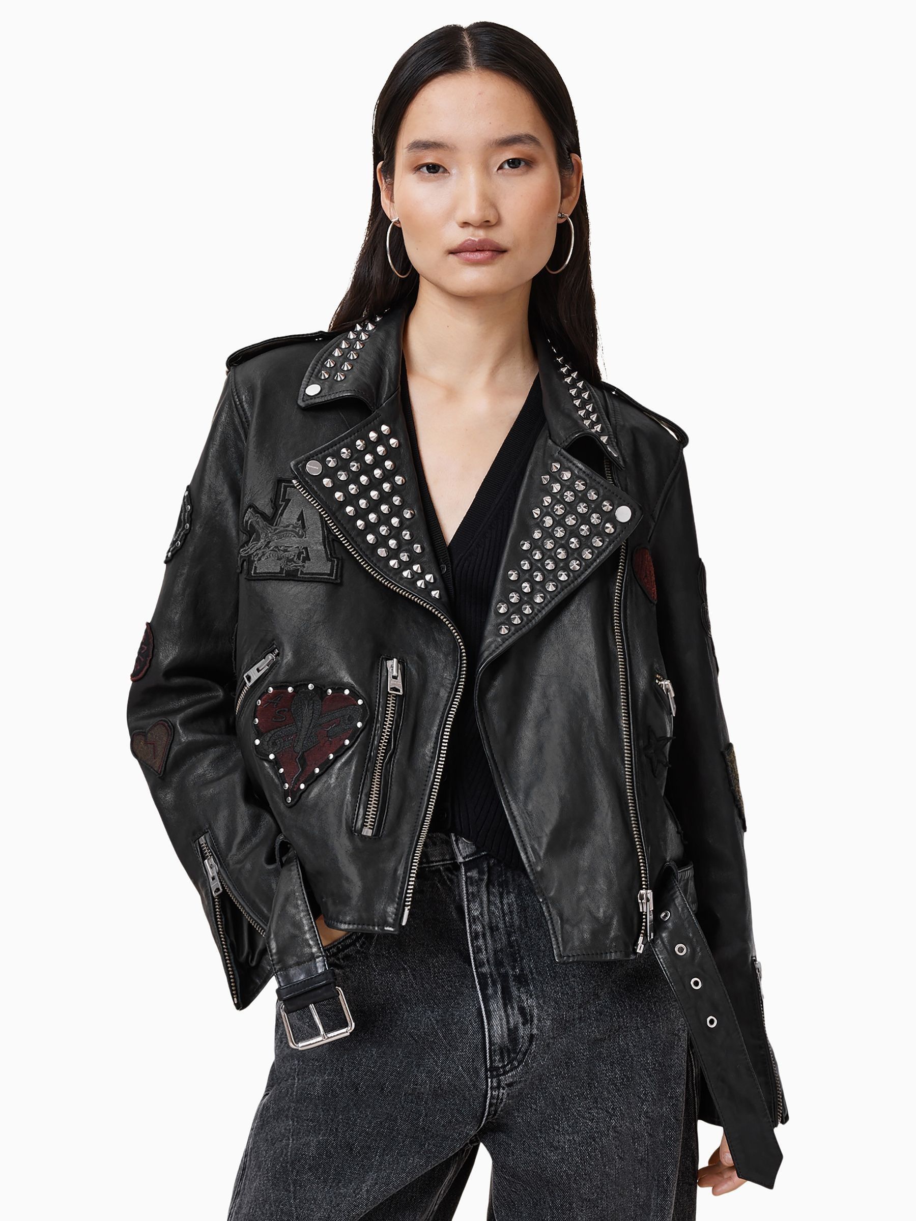 Buy AllSaints Black College Black Relaxed Fit Studded Leather