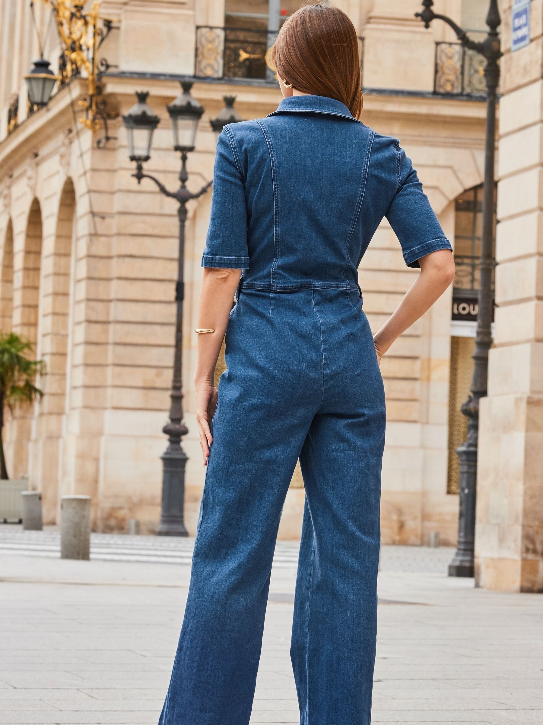 Buy Sosandar Blue Chrome Zip Front Wide Leg Denim Jumpsuit from